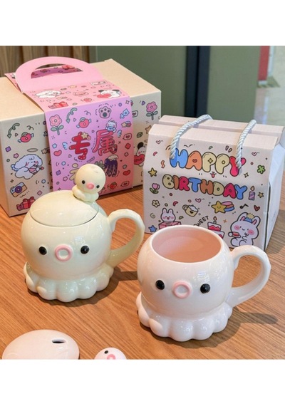 Ahtapot Temalı Kaşıklı Kapaklı Seramik Kupa Sarı