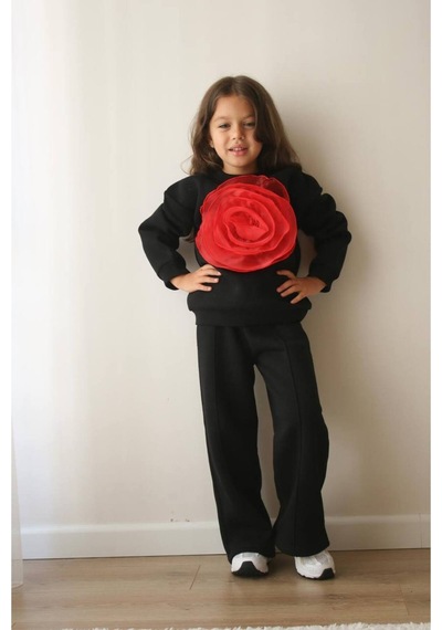 Jeliboomkidswear Çiçek Tasarım Kız 2li Takım Siyah