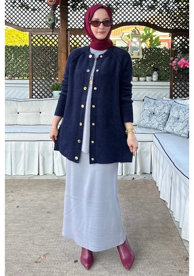 Rabia Şamlı Sedef Angora Triko Hırka Lacivert Normal
