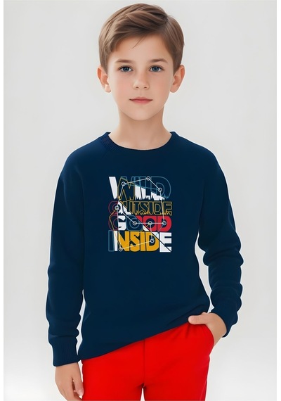 Fyk Kids Erkek Çocuk Yazı Baskılı Yuvarlak Yaka Sweatshirt Lacivert