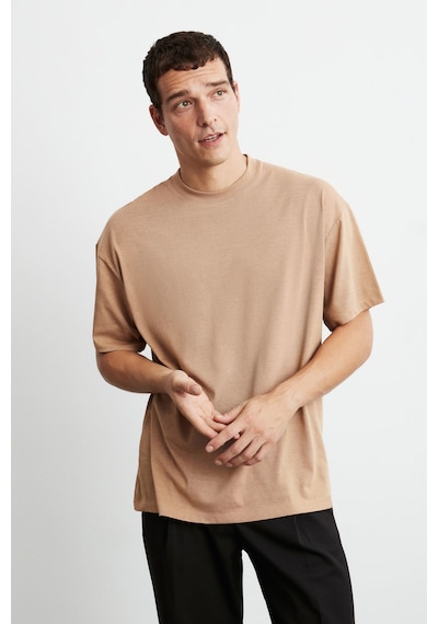 Grımelange Jett Erkek Oversize Fit %100 Organik Pamuk Kalın Dokulu Bisiklet Yakalı Kahverengi T-shirt Kahverengi