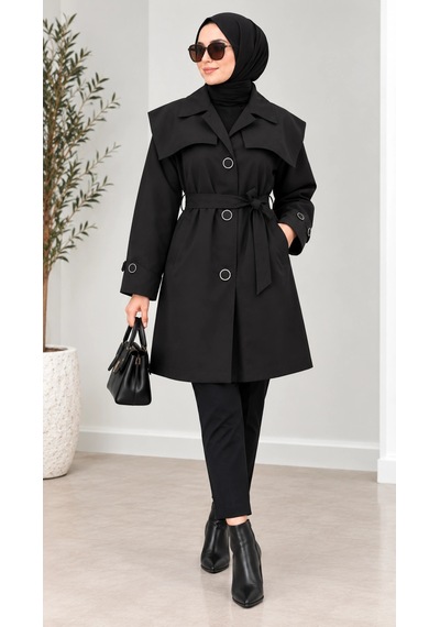 Nevayla Moda Kuşaklı Düğmeli Mevsimlik Trençkot - Siyah / M0118