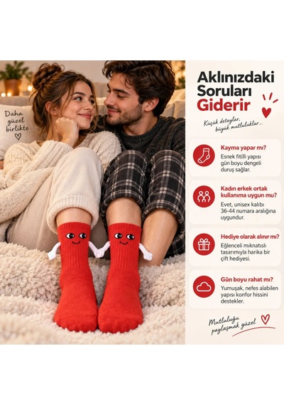 Womanandkids Wak Mıknatıslı El Ele 2'li Unisex Tutuşan Sevimli Çorap 36-44 Çift Hediyesi, Pamuklu Renkli Crew M Kırmızı