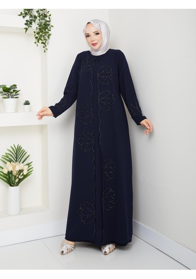 Eslemnur Lotus Çiçek Taşlı Büyük Beden Anne Elbisesi Lacivert