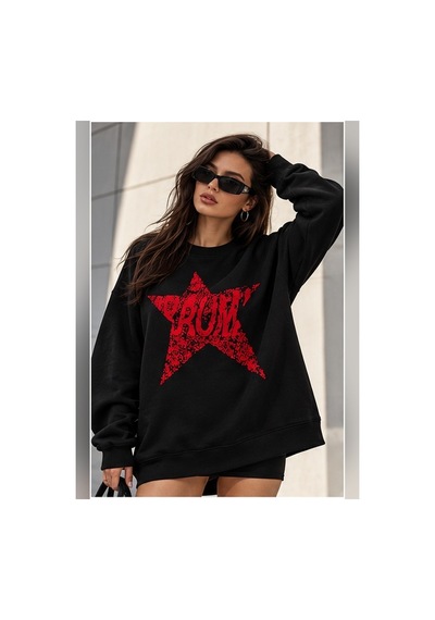 Velora Grup Unisex Yıldız Desenli Oversize Bisiklet Yaka Triko Kazak Siyah - 938180151 Siyah