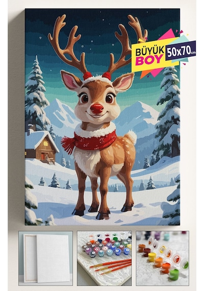 Sayılarla Boyama Seti Numaralı Tuval Fırça Boya Dahil Kasnaklı Set 50x70 Cm - Yılbaşı Geyik