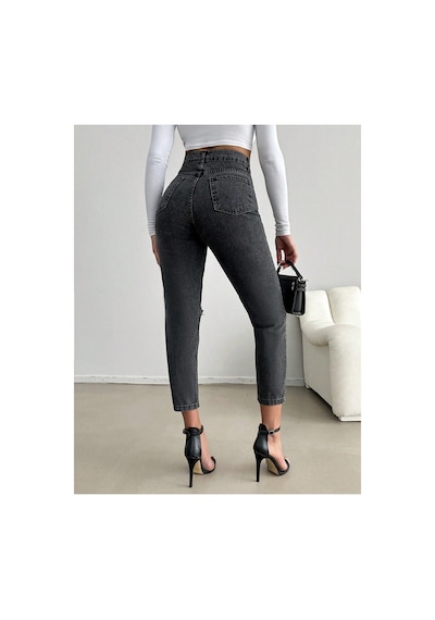 Kene Jeans Yüksek Bel Kar Siyah Diz Lazer Yırtık Detaylı Mom Jeans Kar Siyah