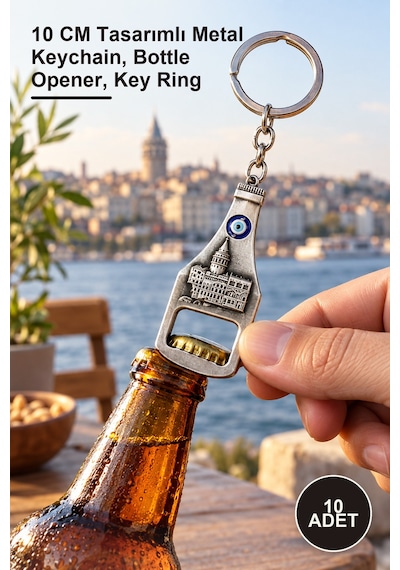 10 Adet Galata Kulesi Metal Anahtarlık Ve Açacak 10 Cm Tasarımlı Metal Keychain, Bottle Opener, Key Ring