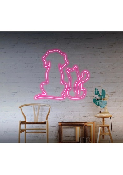 Kedi Ve Köpek Figürlü Neon Tabela Pembe