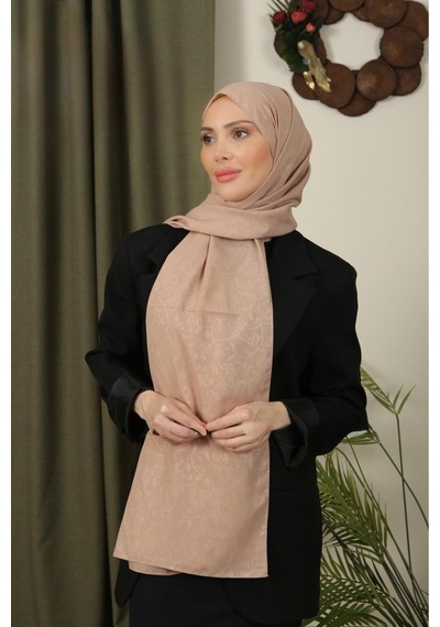 Flora Tekstil Çiçekli Desen İnce Medine İpeği Jakar Şal Koyu Bej