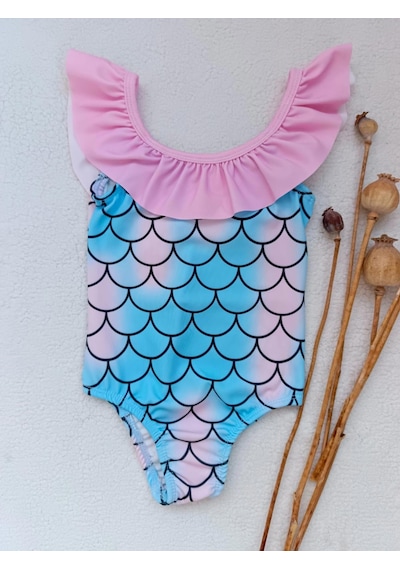 Bilge Trend Kız Çocuk Fırfır Detaylı Deniz Kızı Desenli Mayo Mavi - Pembe