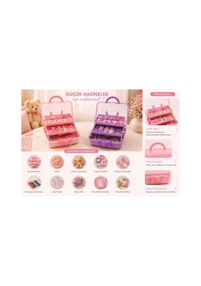 Çocuk Takı Ve Toka Organizeri Otomatik Açılır Katlı Düzenleyici Kutu 27x15x15 Cm Pembe Taşınabilir Çok Bölmeli Saklama Çantası Mor