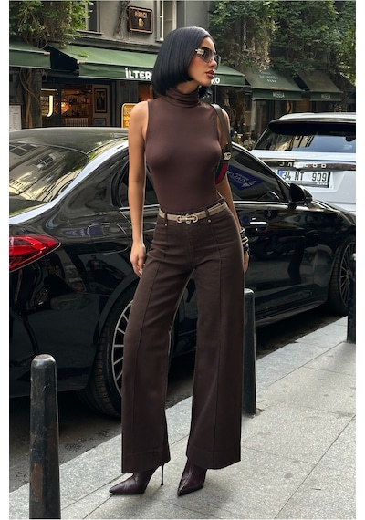 Meecy Kadın Baggy Jean Yüksek Bel Palazzo Esnek Kot Pantolon Brownkahve Brownkahve