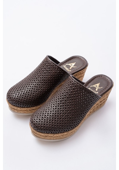 Analin Shoes Kadın Hakiki Deri Burnu Kapalı Dolgu Topuk Terlik Kahve