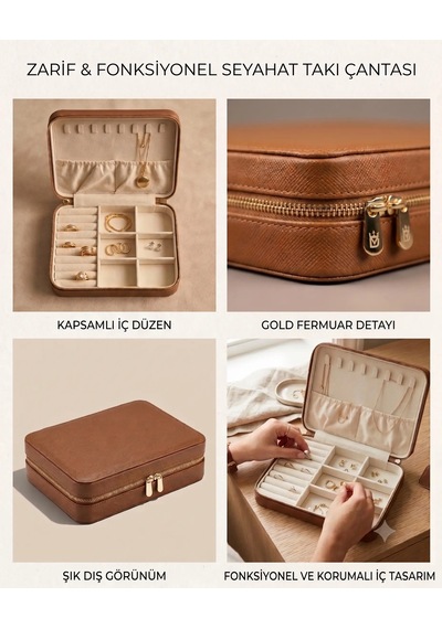 Takı Kutusu Düzenleyici Seyahat Çantası Kolye Yüzük Küpe Organizer Deri Kahverengi 22cmx17cm