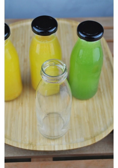 5 Adet Cam Şişe Meyve Suyu Ayran Detoks Şişesi 250 Ml Siyah Metal Kapaklı Şişe