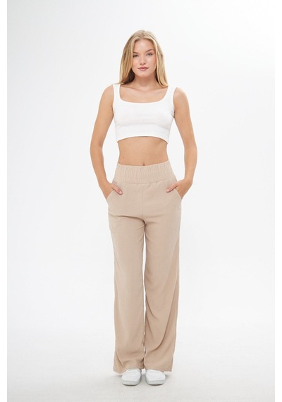 Thiff Gymwear Siyah Beli Lastikli Bol Paça Çift Cepli Yüksek Bel Bürümcük Örme Kadın Pantolon Bej