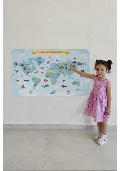 Eğitici Dünya Haritası Dünya Atlası Çocuk Ve Bebek Odası Duvar Sticker-60x105-3791 - Renkli Çok Renkli