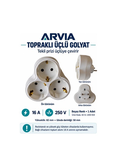 Arvia Topraklı Üçlü Golyat Beyaz 3lü Yonca Fiş Priz 16 Amper 220 Volt Ip20