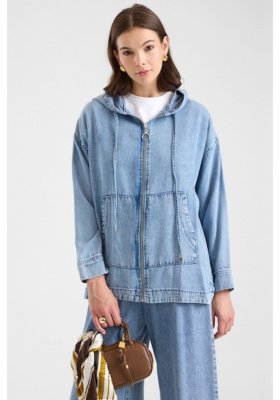 Olcay Fermuar Kapamalı Kapüşonlu Soft Denim Ceket Pantolon İkili Takım Açık Mavi 9402-tk