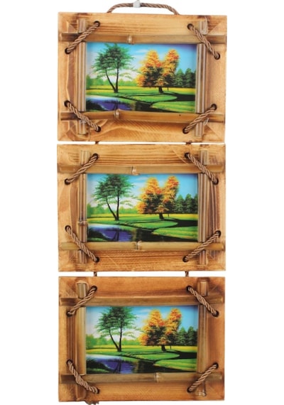 El Yapımı Doğal Ahşap 3 Lü Bambu Bamboo Fotoğraf Çerçevesi Dekoratif Ev Ofis Hediyesi Duvar Süsü - 3