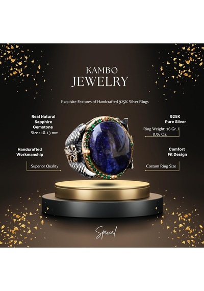 Doğal Cabochon Safir Taşlı Erkek Yüzüğü, 925 Ayar Gümüş Kartal Pençesi Tasarımı Gümüş