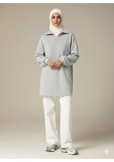 Afri 3 İplik Şardonlu Gri Oversize Fermuarlı Tunik Sweatshirt - Günlük Spor Elbise Gri