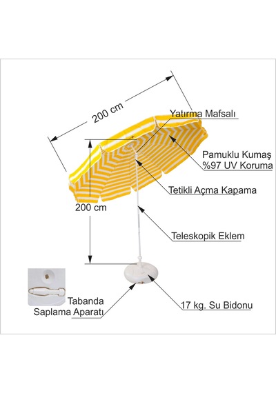 Katlanır Kaideli Bidonlu 200cm Plaj Balkon Kamp Bahçe Şemsiyesi