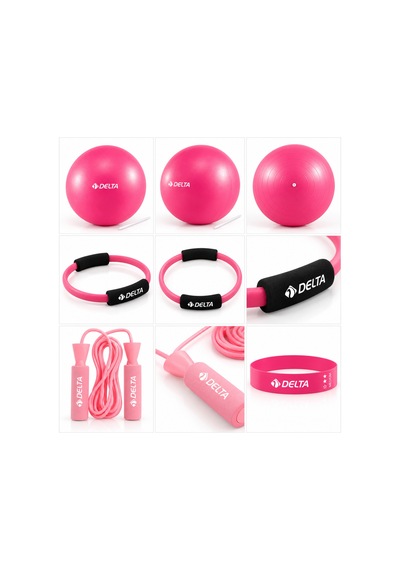 Pilates Kardiyo Seti 35 Cm Çember + Aerobik Direnç Bandı + Pilates Topu 25 Cm + Süngerli Atlama İpi Fuşya