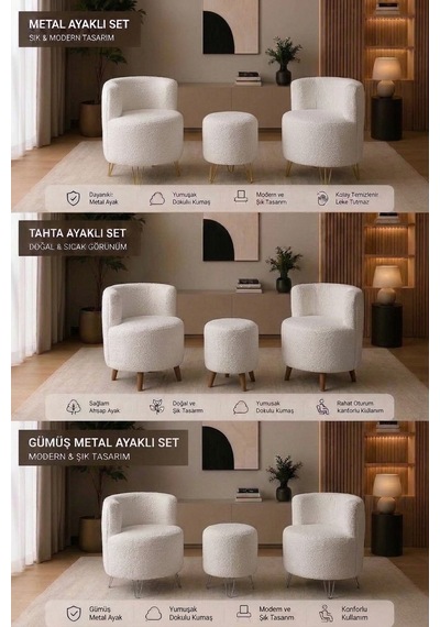 Peluş Puf Metal Gümüş Ayak - Dekoratif Puf Koltuk - Yuvarlak Makyaj Sandalyesi Beyaz