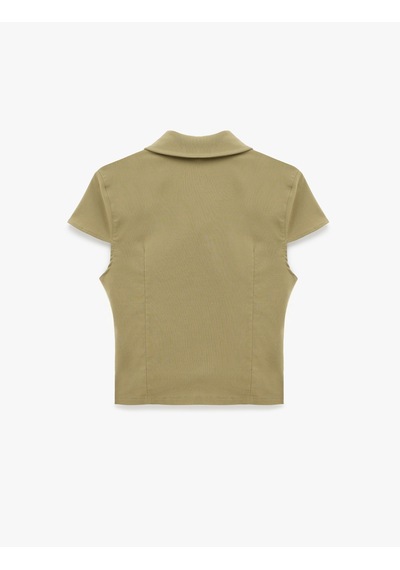 Koton Kısa Kollu Klasik Yaka Fermuarlı Slim Fit Crop Korse Bluz Haki 7wal60048ıw