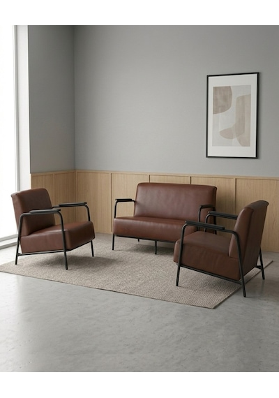 Atlas 2+1+1 Deri Ofis Modern Bekleme Koltuk Takımı Siyah Metal İskelet - Acı Kahve Kahverengi Atlas 2+1+1 Deri Ofis Modern Bekleme Koltuk Takımı Siyah Metal İskelet - Acı Kahve Kahverengi