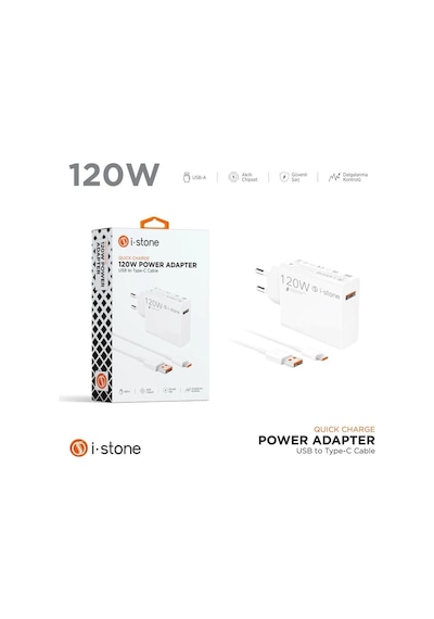 İ-stone 120w Turbo Şarj Adaptörü + Usb To Type-c Kablo ' Beyaz