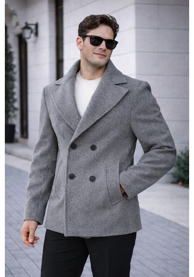 Erkek Casual Kruvaze Midi Boy Kaşe Kaban - Modern Kesim O. Gri Kaşe