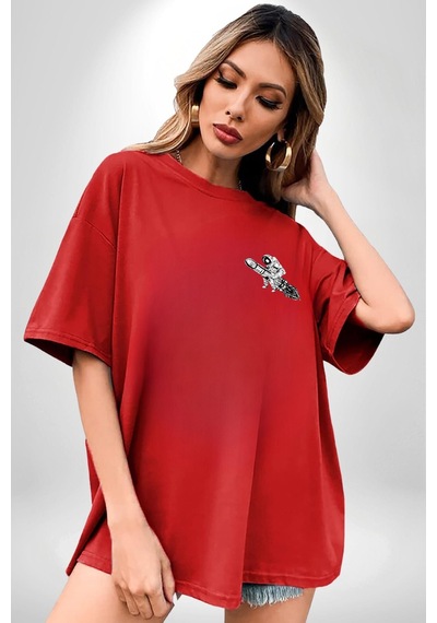 Gezegenler Balon Astronot Yükselişi Kırmızı Oversize Unisex Ön Ve Sırt Baskılı Tişört Kırmızı