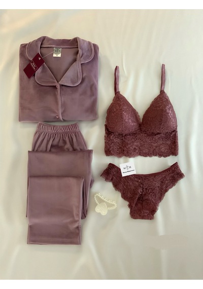 Mh Moony Homewears 4'lü Efghety Kadife Pijama İç Giyim Takımı GÜL KURUSU