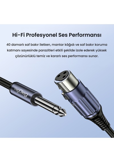Veggieg 6.35mm To Xlr Dişi Mikrofon Kablosu Hi-fi Ses Kalitesi Ofc Bakır Enstrüman Ses Kablosu 5 Metre
