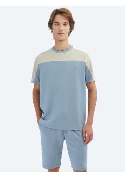 Kip Mavi Düz Bisiklet Yaka T-shirt Mavi