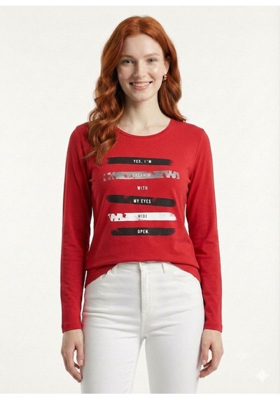Neden Tekstil Kadın Kırmızı Uzun Kollu Baskılı Basic T-shirt