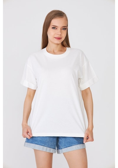 Hdm Kadın Ekru Basic Oversize %100 Pamuklu Rahat Kesim Günlük Tişört - H6041