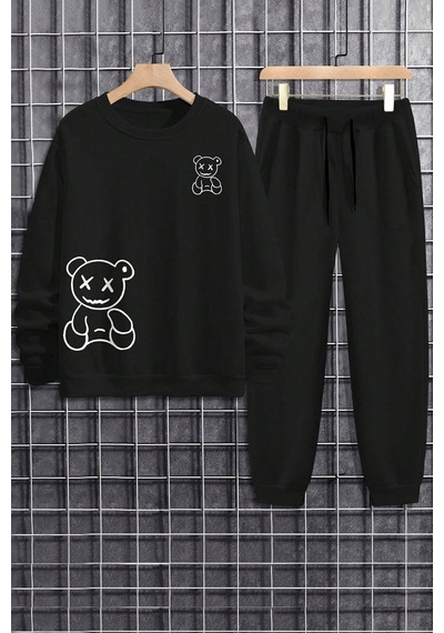 Uyguntarz Unisex Draw Bear Baskılı Bisiklet Yaka Sweatshirt - 2'li Eşofman Takımı Siyah Uyguntarz Unisex Draw Bear Baskılı Bisiklet Yaka Sweatshirt - 2'li Eşofman Takımı Siyah