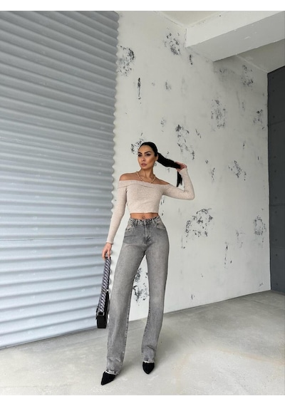 Straıght Boru Paça Grey Jean Gri