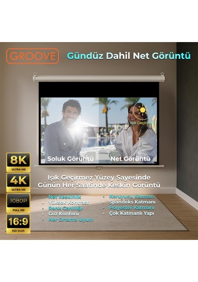 Groove Vizio Pro 150 Inch 332x188cm Blackout Işık Geçirmez Profesyonel Projeksiyon Perdesi +canlı Renkler+göz Koruması+leke Tutmaz Projector