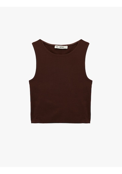Koton Kolsuz Bisiklet Yaka Slim Fit Crop Bluz Kahverengi 6sal30050ık Kahve