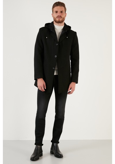 Buratti Çıkarılabilir Kapüşonlu Kırçıllı Slim Fit Kaşe Erkek Kaban 5841013 Siyah