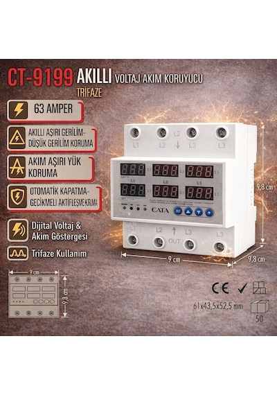 Cata Trifaze Ct-9199 63a Akıllı Voltaj Akım Koruyucu