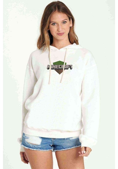 Mine Craft Baskılı Beyaz Kadın Kapşonlu Sweatshirt (534774023)