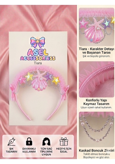 Deniz Kızı Temalı İncili Ve Tüllü Kız Çocuk Taç Pembe