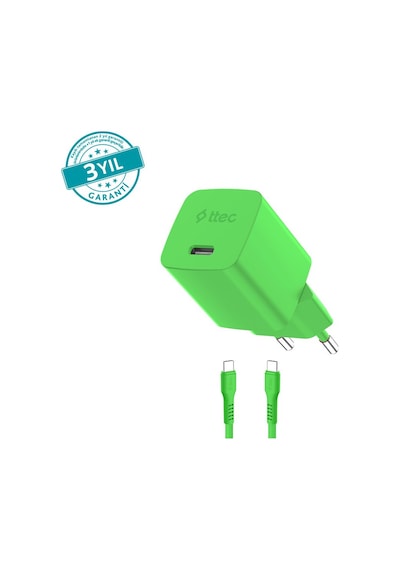 Ttec Smartcharger Gan 20w Pd Seyahat Hızlı Şarj Aleti + Usb-c - Usb-c 3a Kablo Neon - Yeşil