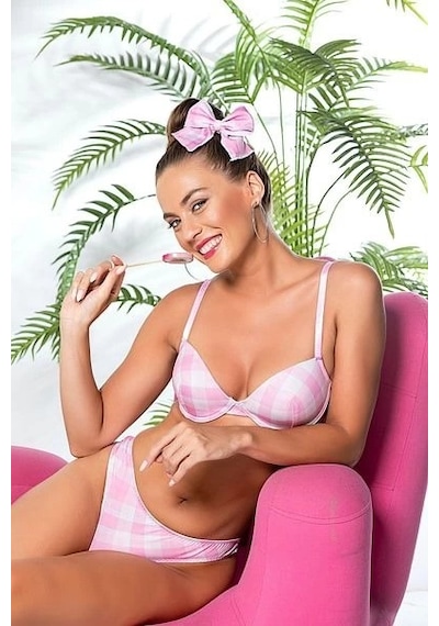 Ang Butik Kadın Gallipoli 32081 Ekose Desenli Hafif Destekli Sütyen Ve Slip Takım Pembe